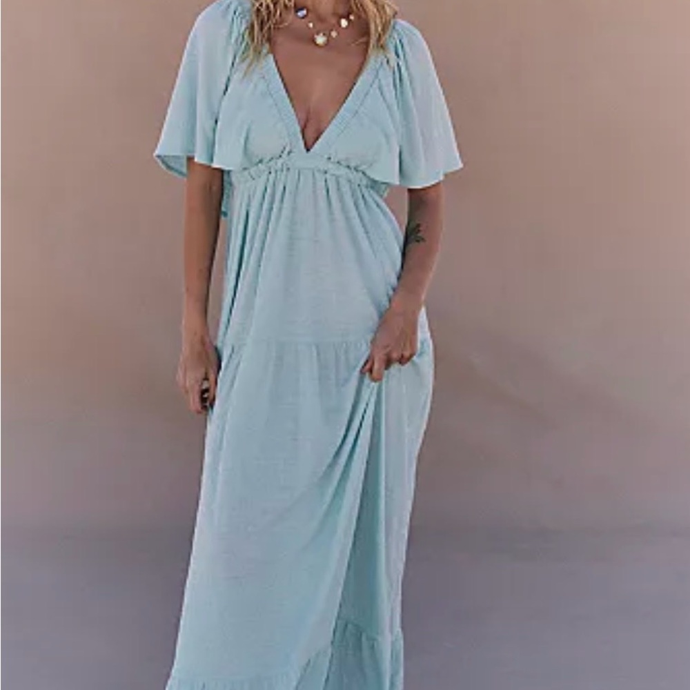 Free People Beach Seafoam Green V-Neck Maxi Dress with Flutter Sleeves S